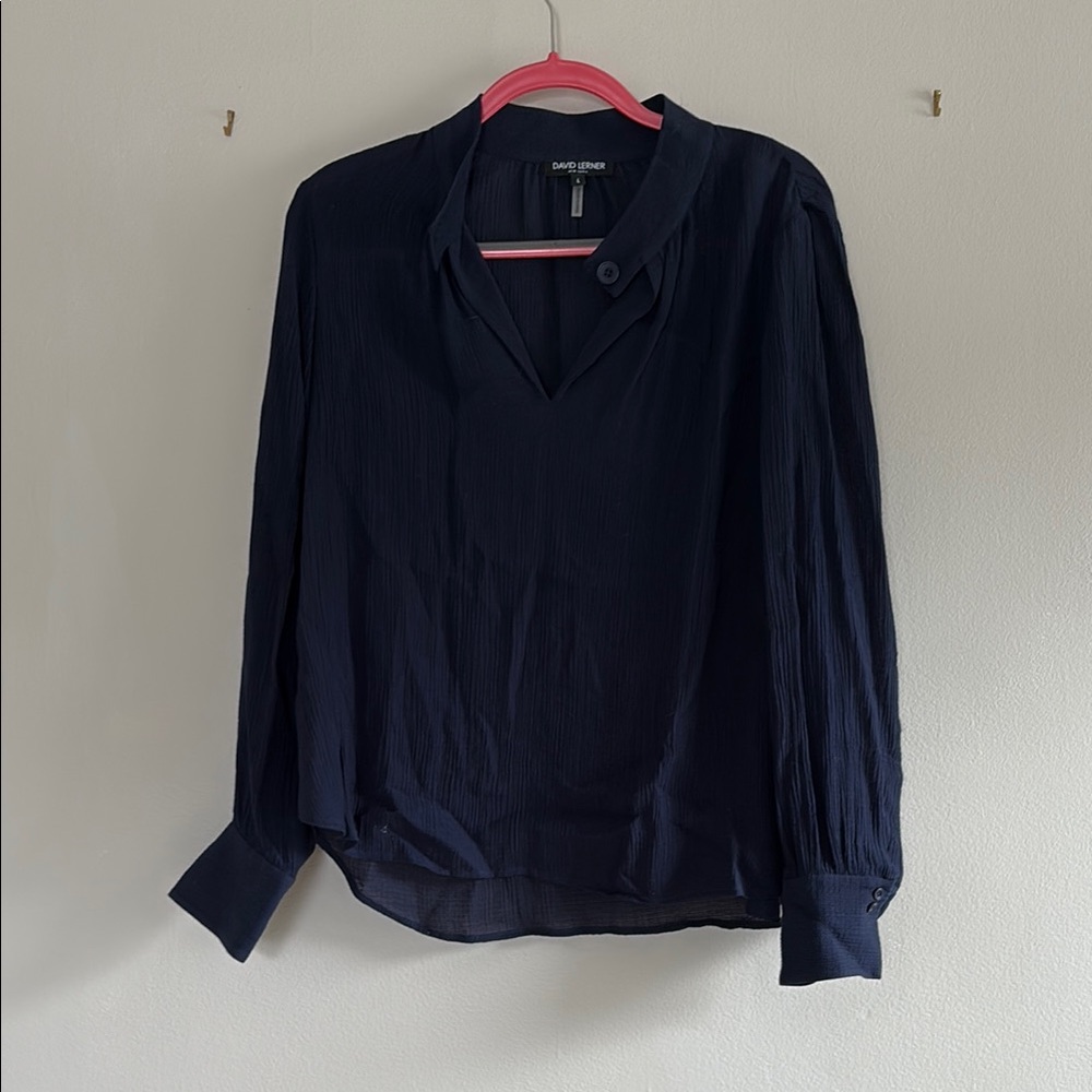 David Lerner Blue Blouse with Mandarin Collar and Relaxed Fit
